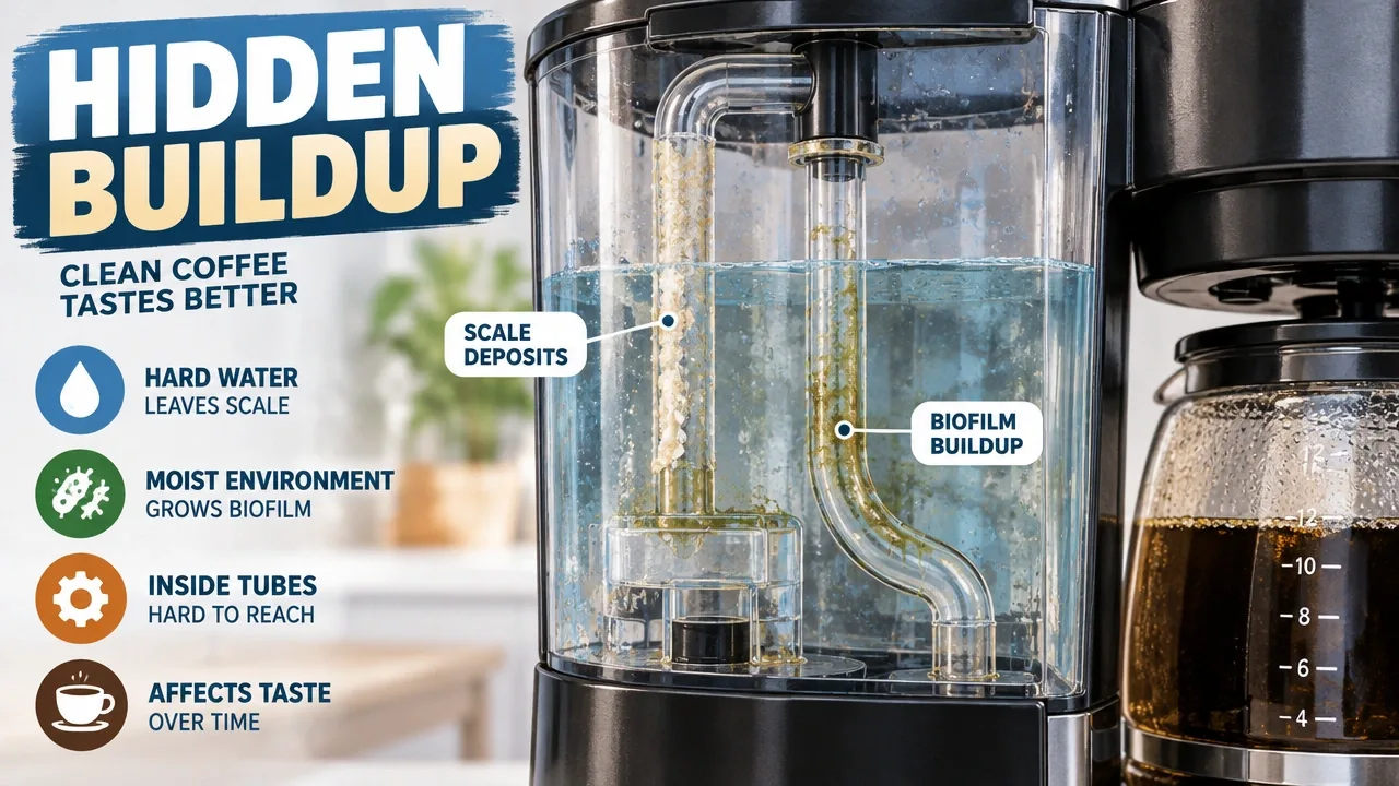 Macro view of a drip coffee maker reservoir with limescale, biofilm, and hidden water tubes in a hyper-realistic infographic.