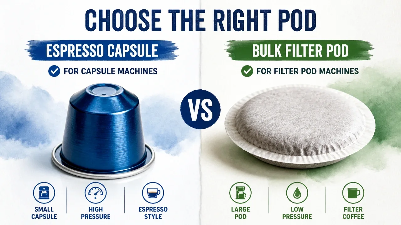 Side-by-side macro of an espresso capsule and bulk filter pod on a bright studio surface, comparing format differences.