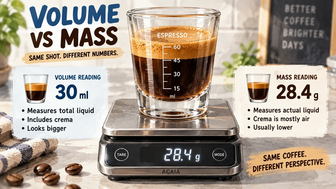 Macro photo: graduated espresso shot glass on 0.1g scale, unsettled crema at meniscus, volume versus mass discrepancy.
