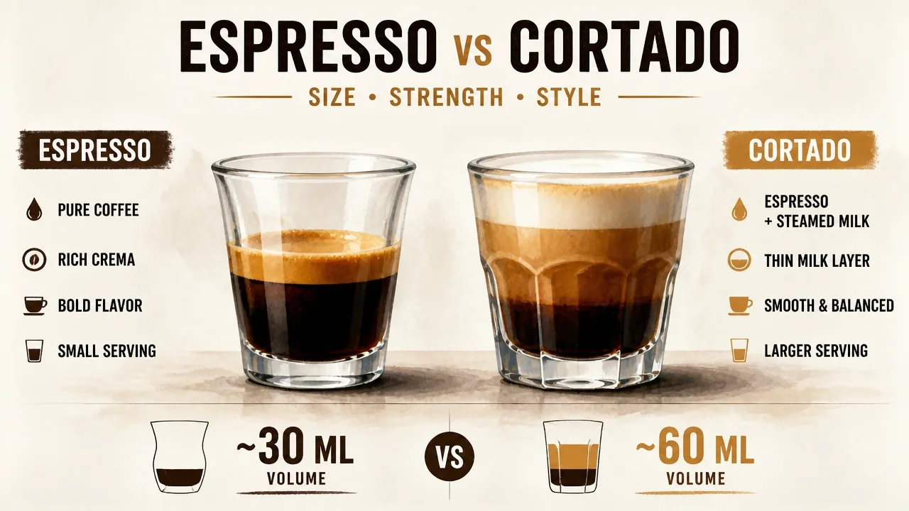 Side-by-side espresso in tulip cup and Spanish cortado in Gibraltar glass, showing 30 ml vs 60 ml volume and crema.