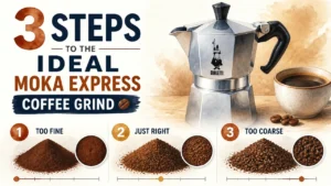 Infographic showing 3 steps to the ideal Moka Express coffee grind for consistent brewing.