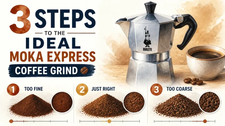 Infographic showing 3 steps to the ideal Moka Express coffee grind for consistent brewing.
