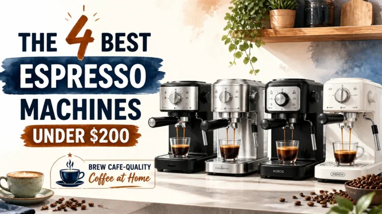 The 4 Best Espresso Machines Under $200 – Brew Cafe-Quality Coffee at Home in a bright infographic cover.