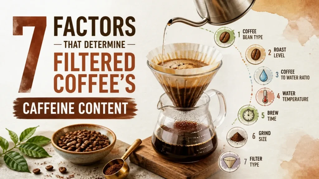 7 yếu tố quyết định hàm lượng caffeine trong cà phê lọc được minh họa qua infographic pha chế 3D sinh động.