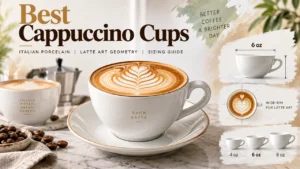 Best cappuccino cups guide featuring 6 oz Italian porcelain wide-rim cups for latte art geometry and sizing.