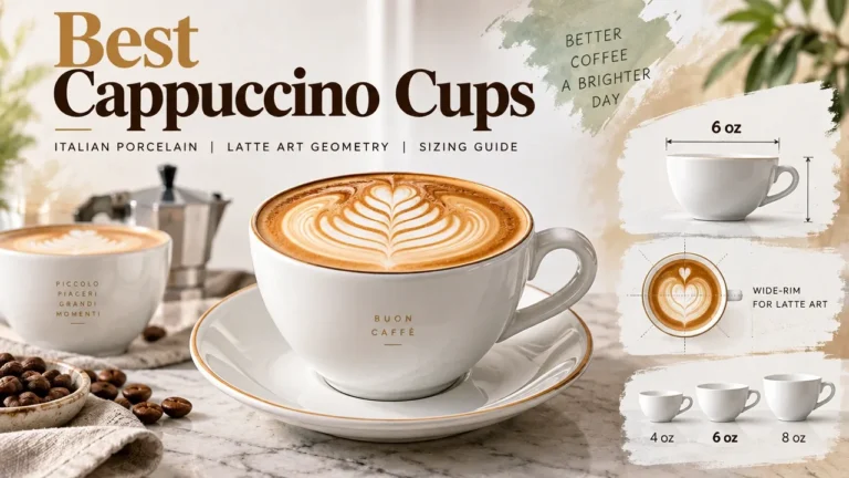 Best cappuccino cups guide featuring 6 oz Italian porcelain wide-rim cups for latte art geometry and sizing.