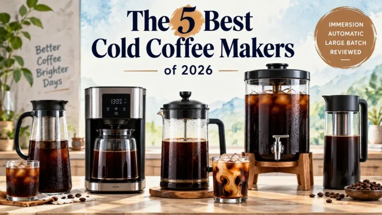 The 5 Best Cold Coffee Makers of 2026: Immersion, Automatic & Large Batch Reviewed in a bright magazine-style scene.