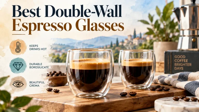 Best Double-Wall Espresso Glasses: Insulated Borosilicate Glassware & Crema Visuals in a bright kitchen setting.