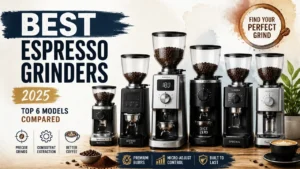 Best Espresso Grinders 2025 Top 6 Models Compared shown in a hyper-realistic magazine-style coffee grinder lineup.