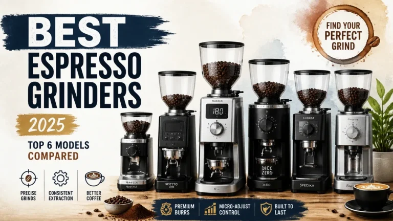 Best Espresso Grinders 2025 Top 6 Models Compared shown in a hyper-realistic magazine-style coffee grinder lineup.