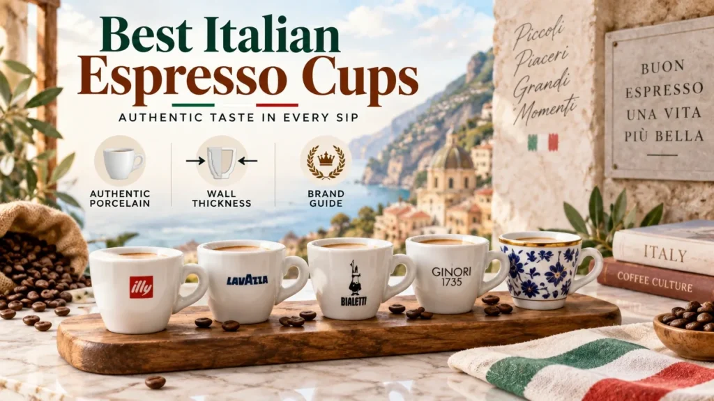 Infographic cover for Best Italian Espresso Cups: Authentic Porcelain Demitasse, Wall Thickness & Brand Guide.