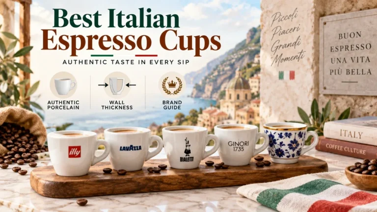Infographic cover for Best Italian Espresso Cups: Authentic Porcelain Demitasse, Wall Thickness & Brand Guide.