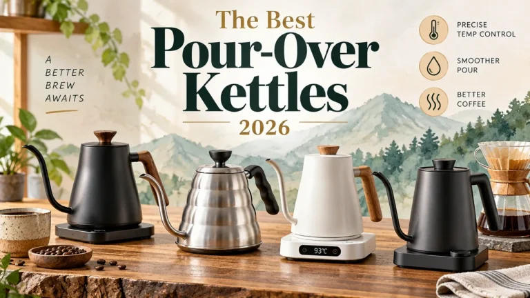 The Best Pour-Over Kettles of 2026: Gooseneck Precision & Temperature Control Ranked in a magazine-style featured image.