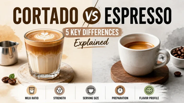 Cortado vs Espresso: 5 key differences explained in a side-by-side infographic showing milk ratio, cup size, and strength.