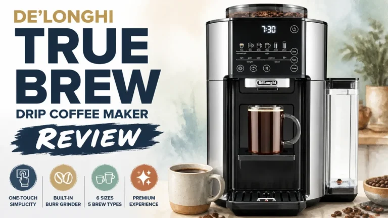 De'Longhi True Brew Drip Coffee Maker review featuring the stainless steel carafe and control panel