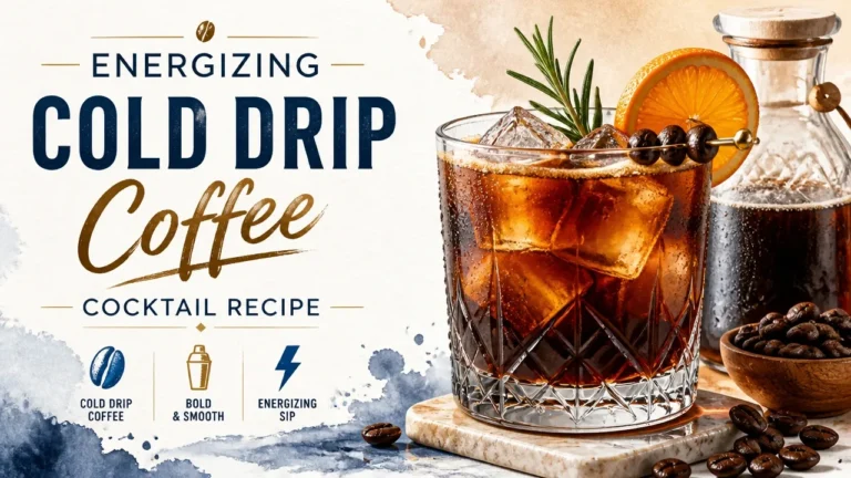 Energizing cold drip coffee cocktail recipe featuring a glass of iced coffee with cream and coffee beans