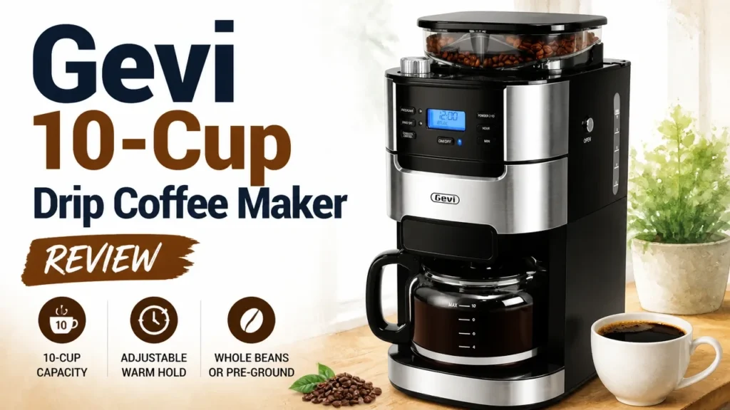 Gevi 10-Cup Drip Coffee Maker Review: In-Depth Analysis & Verdict 2 Gevi 10-Cup Drip Coffee Maker Review – 3D magazine cover with watercolor texture and bright studio lighting.