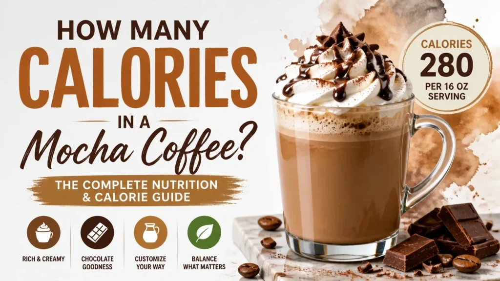 Infographic for How Many Calories in a Mocha Coffee? (The Complete Nutrition & Calorie Guide) with calorie breakdown.