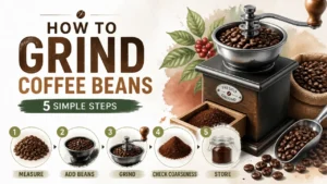 How to Grind Coffee Beans the Right Way: 5 Simple Steps From Dose to Cup 15 How to Grind Coffee Beans: 5 Simple Steps infographic featuring a coffee grinder and beans in a 3D watercolor style