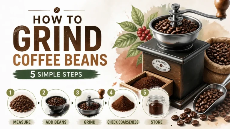 How to Grind Coffee Beans: 5 Simple Steps infographic featuring a coffee grinder and beans in a 3D watercolor style