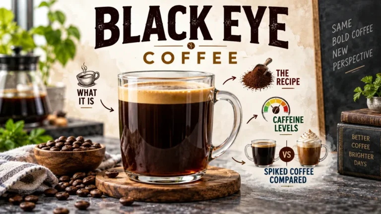 How to make black eye coffee: definition, recipe, caffeine levels, and spiked coffee compared in a visual guide.