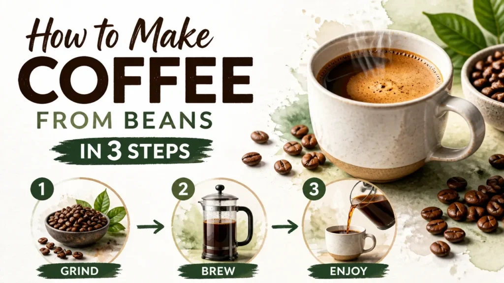 Learn how to make coffee from beans in 3 steps: fresh beans, grinding, and brewing in a pour-over setup.