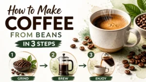 Learn how to make coffee from beans in 3 steps: fresh beans, grinding, and brewing in a pour-over setup.