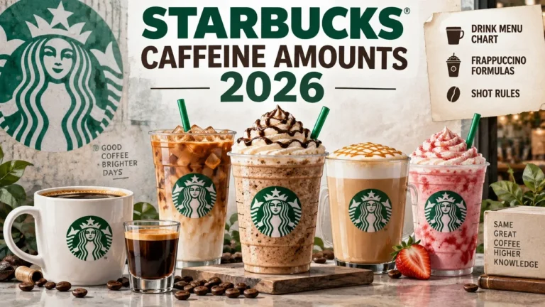 Featured image for Starbucks Caffeine Amounts 2026: Complete Drink Menu Chart, Frappuccino Formulas & Shot Rules