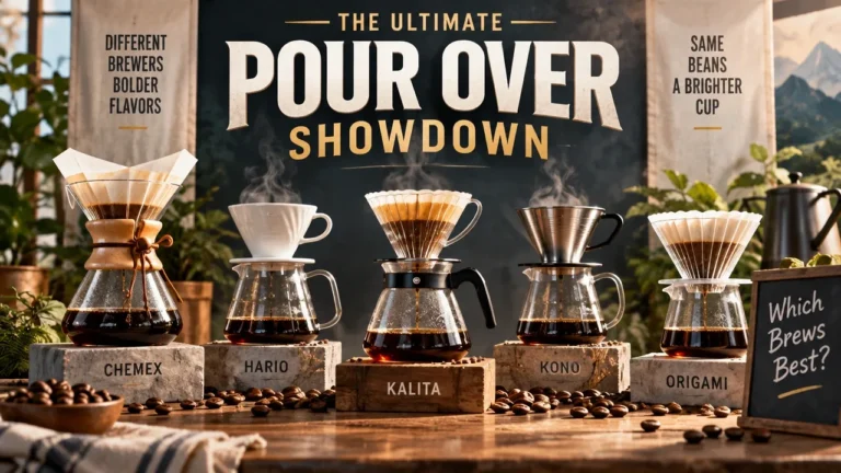 Welcome to the Stage of Truth: The Ultimate Pour Over Coffee Maker Showdown in 3D watercolor style