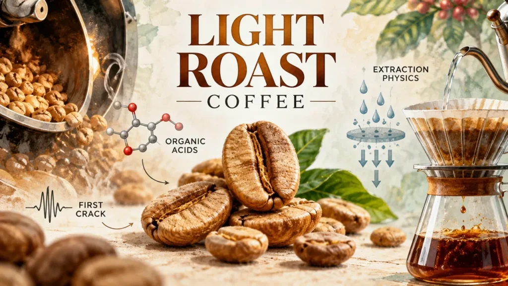 Light Roast Coffee Explained: The Roast Chemistry, Acid Science, and Brew Physics Behind Every Cup 1 Featured image for What Is Light Roast Coffee? The Chemistry of First Crack, Organic Acids & Extraction Physics