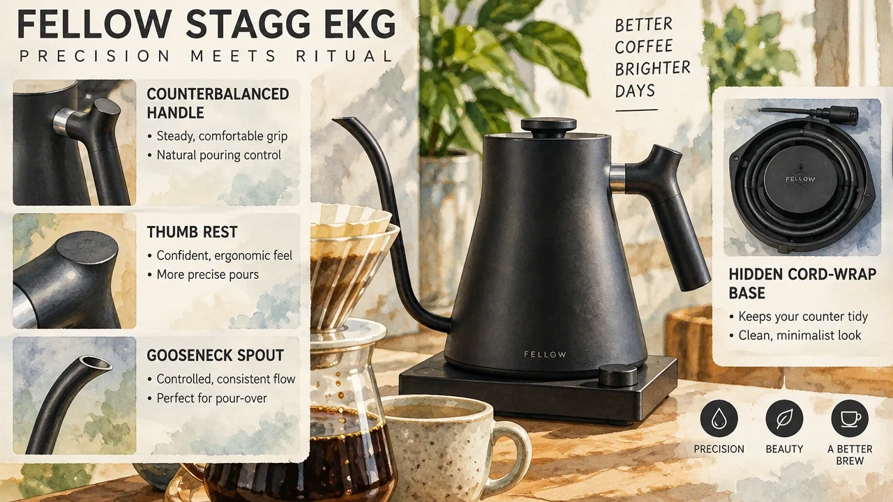 Macro photo: Fellow Stagg EKG counterbalanced handle, thumb rest, gooseneck spout, hidden cord-wrap base in pour-over setup.