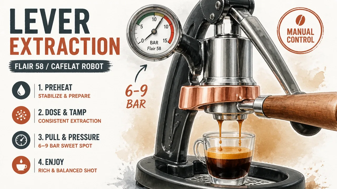 Hyper-realistic illustration of a Flair 58 and Cafelat Robot manual lever espresso pull with pressure gauge and portafilter