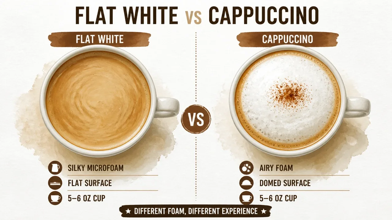 Side-by-side overhead macro of flat white and cappuccino cups showing flat microfoam vs domed aerated foam.