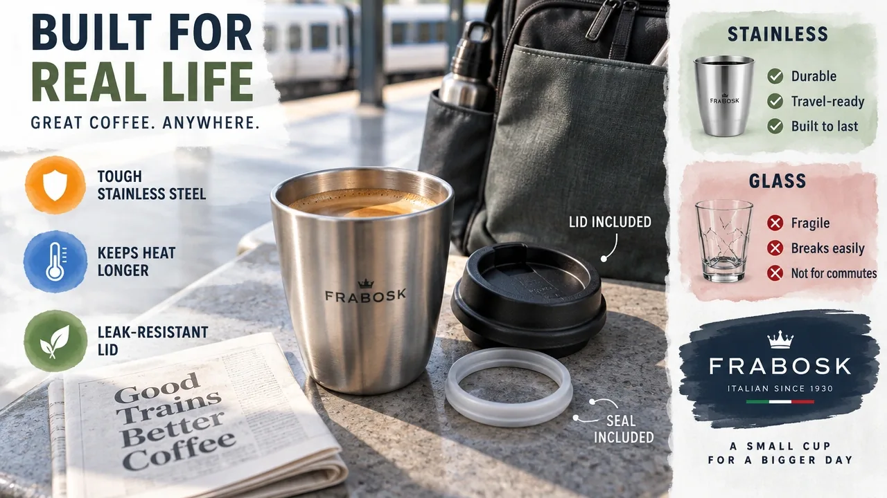 Frabosk double-wall stainless cup with espresso, lid, and seal beside a transit bag, a durable glass alternative.