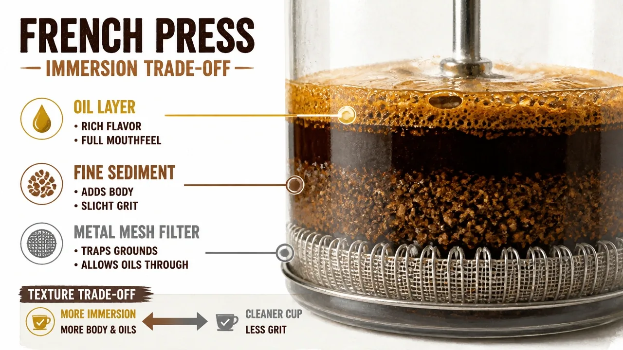 Macro of coarse coffee grounds and a metal mesh French press filter, showing oil and sediment layers from immersion brewing.