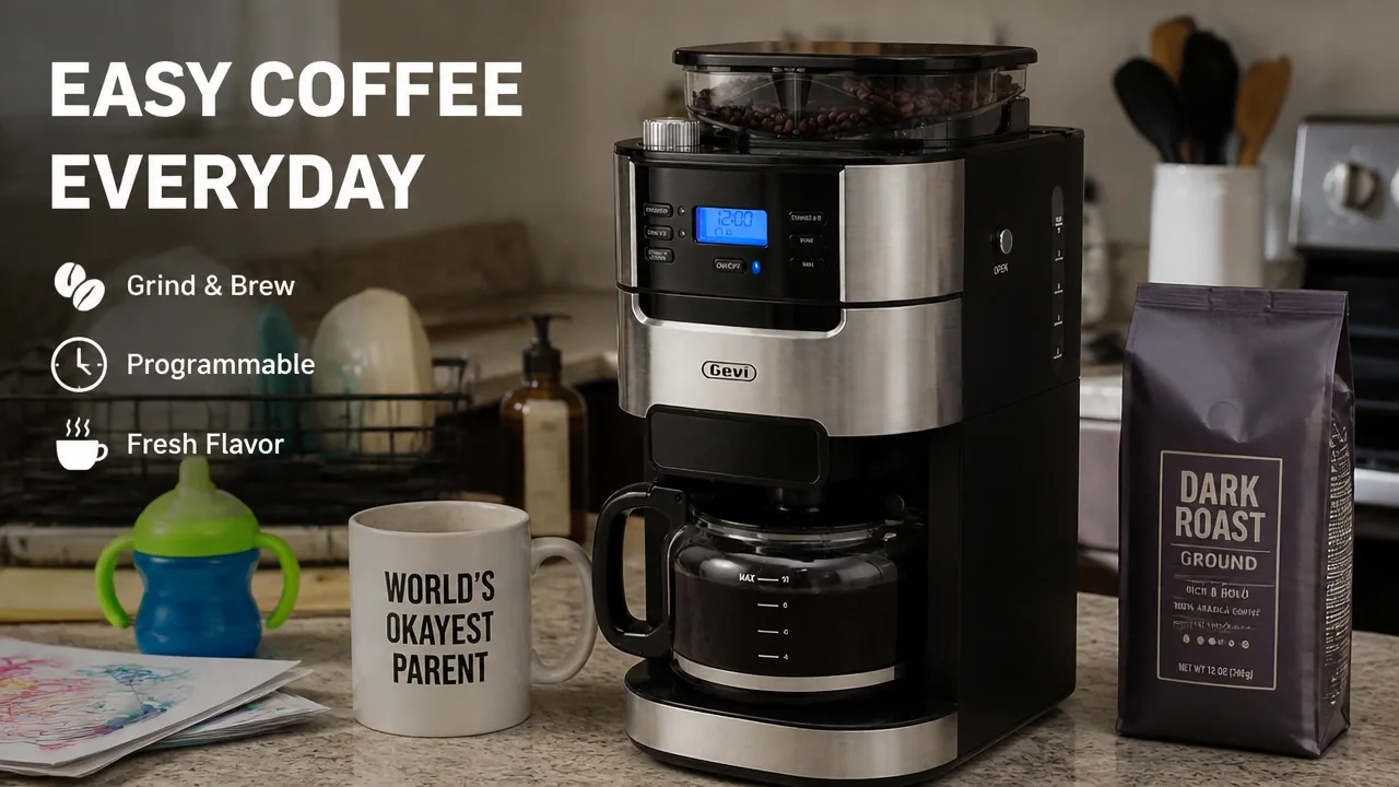 Gevi coffee maker on cluttered kitchen counter beside dark roast beans and a busy parent's mug