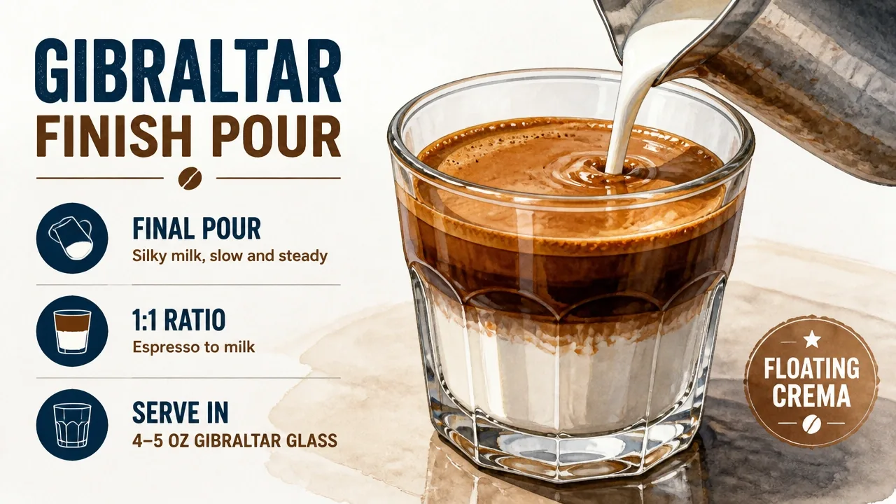 Side-angle close-up of final pour into 4-5 oz Gibraltar glass, showing 1:1 espresso-to-milk layers and floating crema surface.