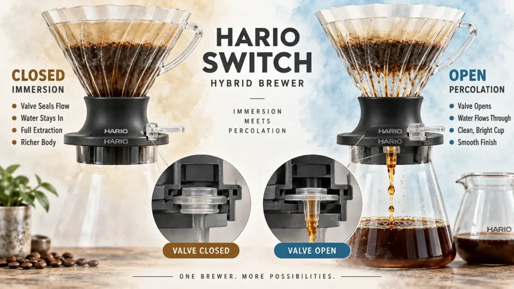 Macro cutaway of Hario Switch hybrid valve showing closed immersion and open percolation positions with V60 filter.