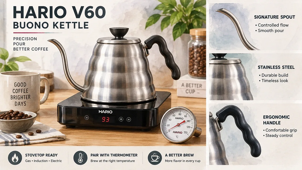 Hario V60 Buono gooseneck kettle on induction burner; highlights spout curve, steel body, handle geometry.