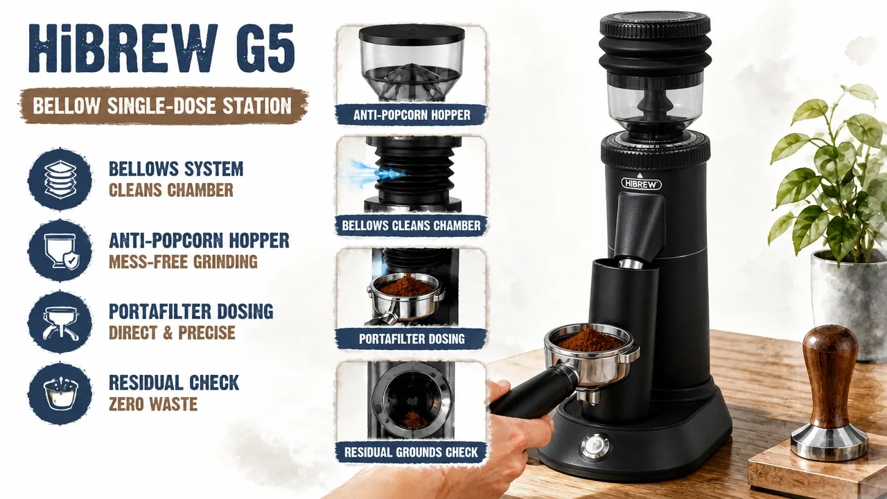 HiBREW G5 single dose espresso grinder with silicone bellows and magnetic catch cup on kitchen counter