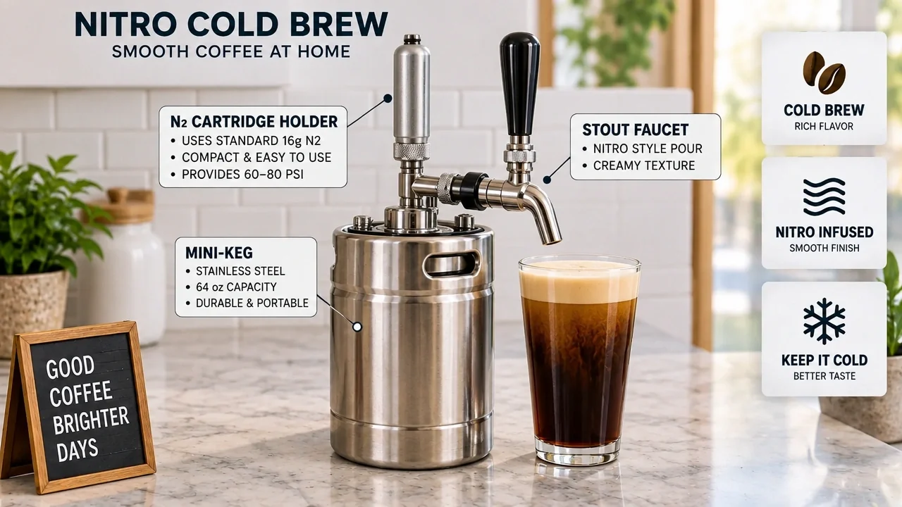 Diagram of a 64 oz stainless steel mini-keg nitro cold brew system featuring a top spear, stout faucet, and direct-mount N2 cartridge holder.