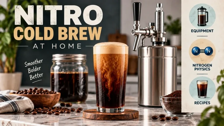 Freshly poured glass of homemade nitro cold brew coffee with a cascading creamy microfoam head next to a stainless steel mini keg with stout faucet and mason jar concentrate.