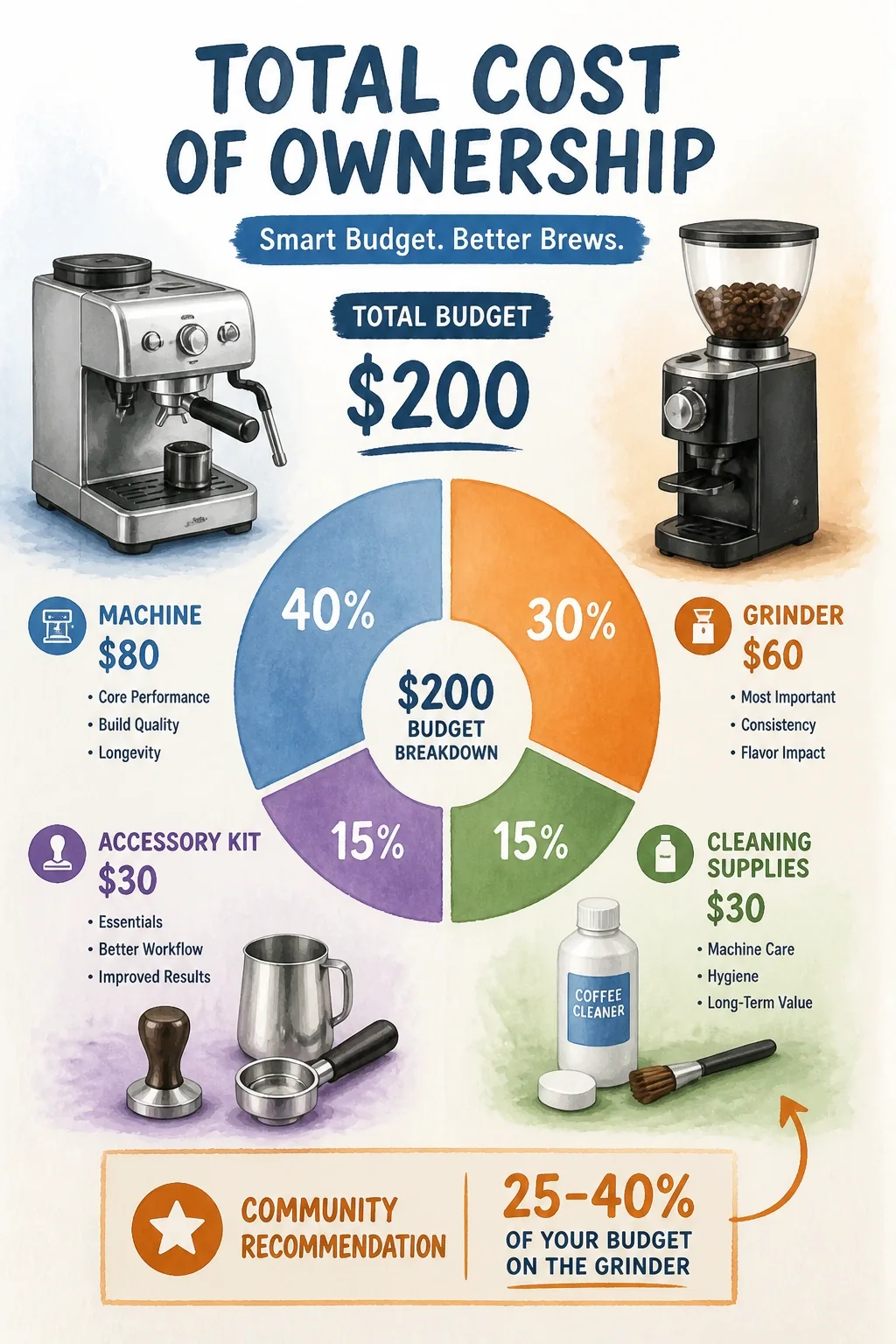 TCO split of a $200 espresso budget across machine, grinder, accessories, cleaning, highlighting 25–40% grinder allocation.