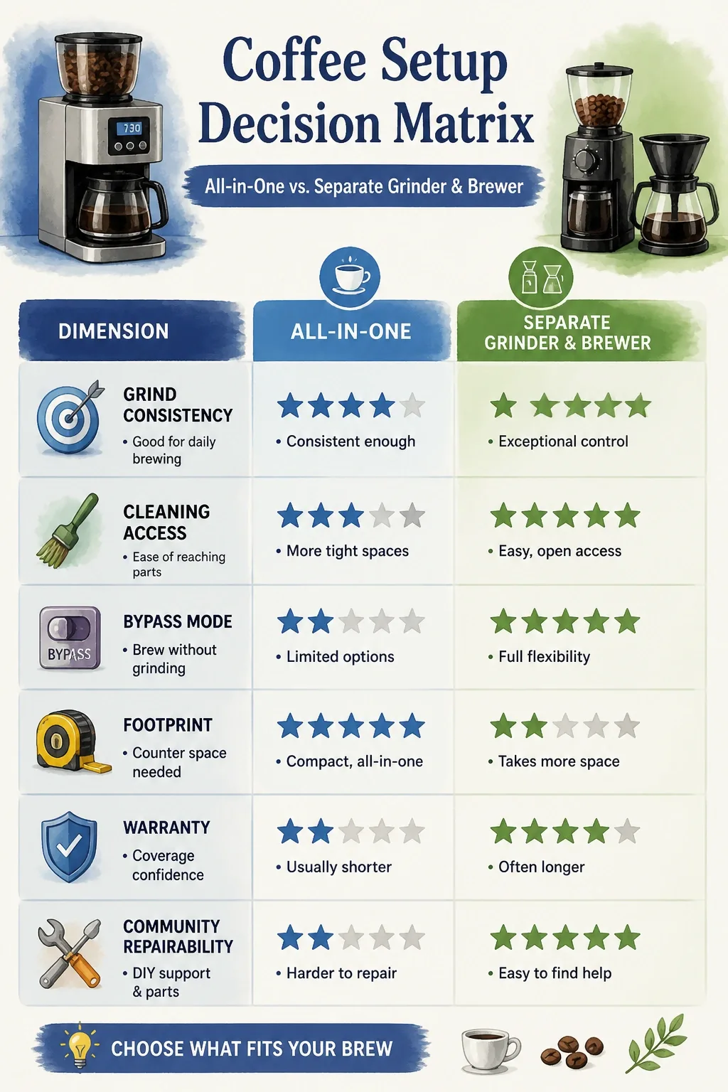 The Best Coffee Maker With a Built-In Grinder in 2026 (And When to Skip the Combo Entirely) 12 Comparing grind consistency, cleaning, bypass, footprint, warranty, and repairability for all-in-one vs separate setups.
