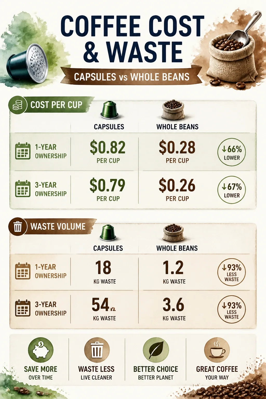 Infographic comparing capsules vs whole beans cost per cup and waste volume over 1-year and 3-year ownership windows.