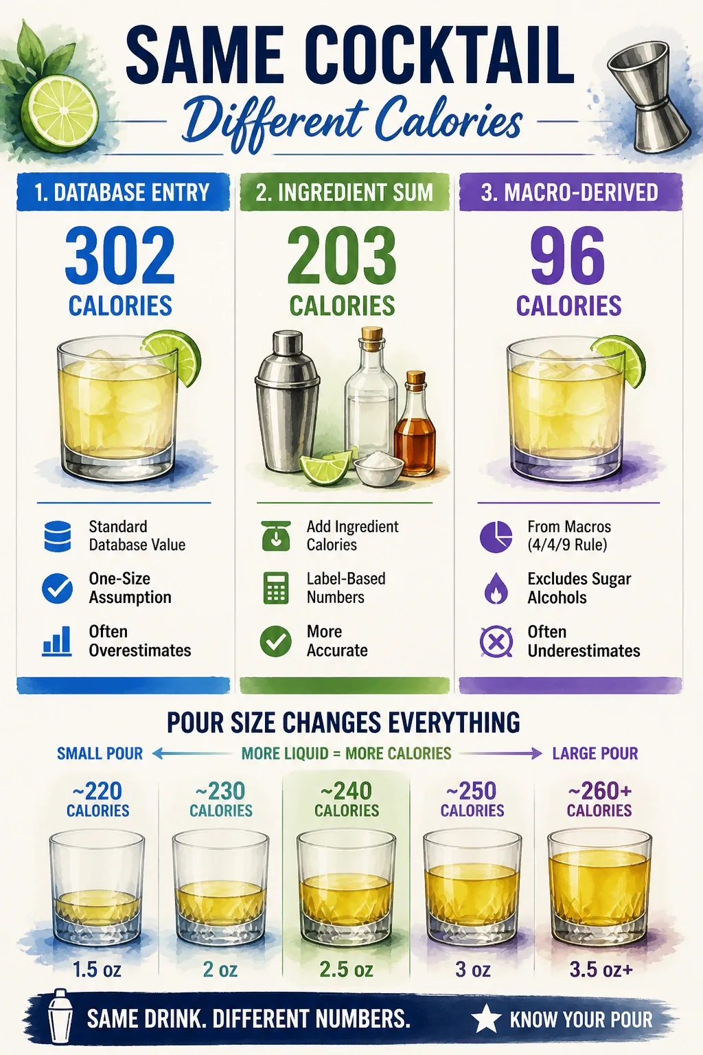 Lượng Calo Trong Espresso Martini: Bóc Tách Từng Thành Phần Mà Nhiều Người Hiểu Sai 6 Infographic comparing 302, 203, and 96 calorie totals for a cocktail, with pour-size variance bars of 220-250 kcal.