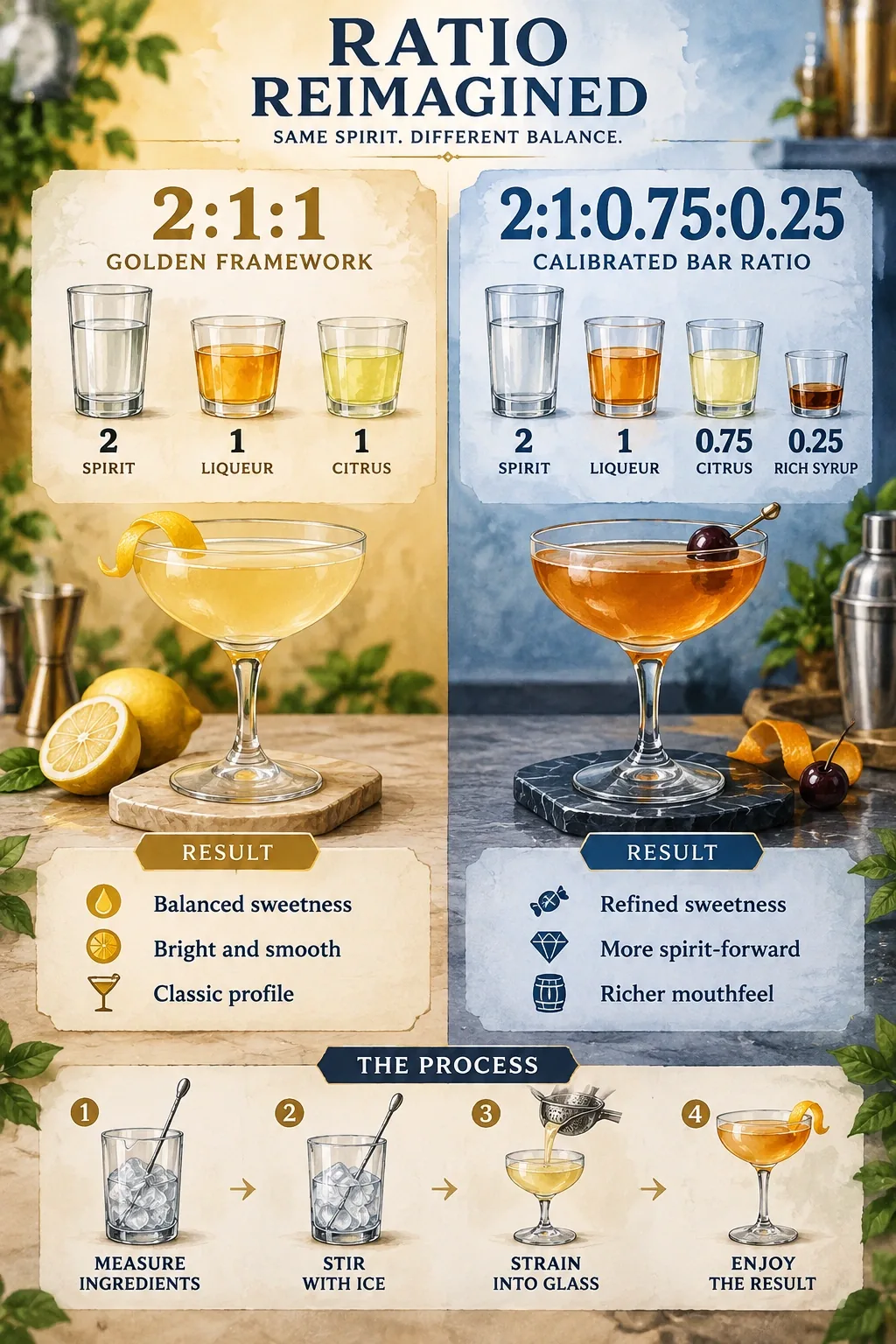 Infographic comparing 2:1:1 vs 2:1:0.75:0.25 cocktail ratios, showing sweetness and spirit-forward outcomes.