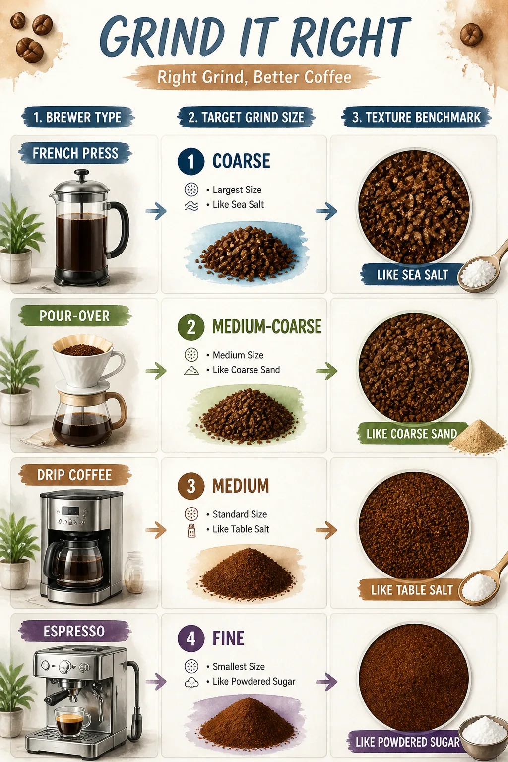 Infographic mapping brewer types to grind sizes with texture benchmarks for French press, pour-over, drip, and espresso.