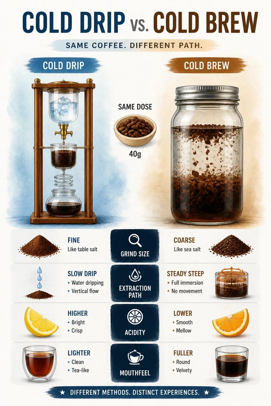 Infographic comparing cold drip and cold brew extraction paths, grind size, acidity, and mouthfeel from same coffee dose.