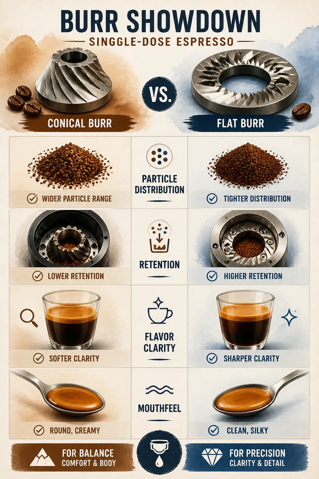 Infographic comparing conical vs flat burr espresso particle distribution, retention, flavor clarity and mouthfeel trade-offs